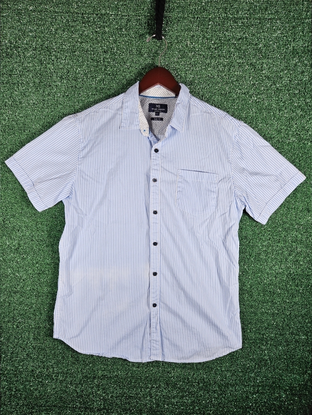 Michael Brandon Short Sleeve Light Blue Stripe Shirt / Mens Size Large Slim Fit